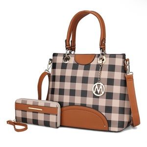 NWT MKF Cognac Brown & Black Gingham Gabriella Satchel Tote & Wallet Mia K